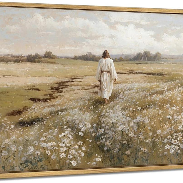 Framed Jesus Canvas Wall Art Jesus Walking In Field Painting Rustic Christian Wall Decor Picture for Living Room Bedroom Home Office Church Decoration Ready to Hang