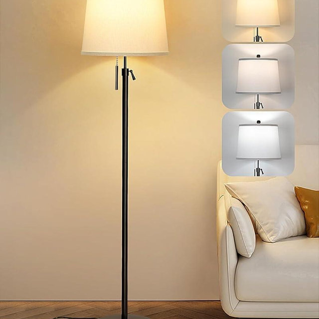 JUNNAI Black Floor Lamps for Living Room Adjustable Height Standing Lamp Modern Tall Pole Lamps for Bedroom Office with White Linen Shade 3 Color Temperature 9W LED Bulb Included