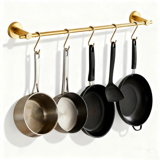 NEWRAIN Pot Rack Wall Mounted, 21 inch Hanging Pot and Pan Hanger, Stainless Steel Kitchen Rail Coffee Mug Rack with 10 S Hooks,Brushed Gold