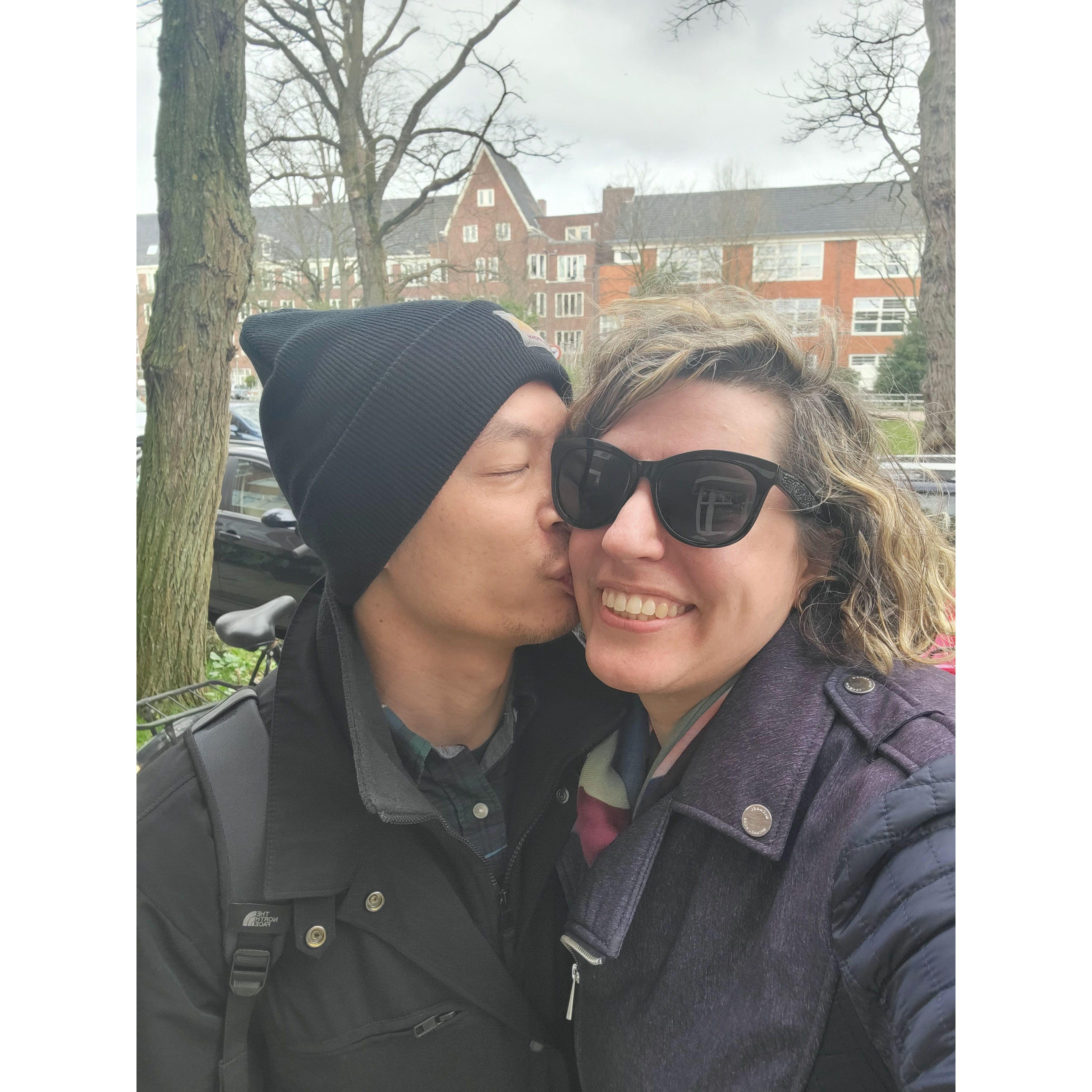 One of our first days in Europe exploring Amsterdam. It was chilly but Eric helped keep Leah warm.