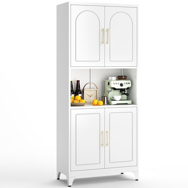 Kubohogar 75" Tall Kitchen Pantry Storage Cabinet, Metal Storage Cabinets with 4 Doors and Adjustable Shelves，White Kitchen Hutch Cabinet with Microwave Stand, Large Cupboard for Dining Living Room