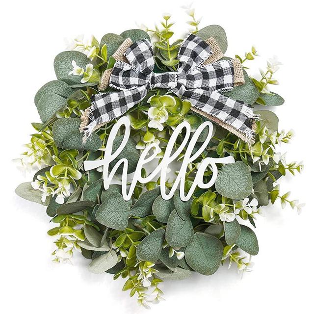 Dahey Hello Sign with Wreaths Rustic Front Door Decor Metal Hanging Sign with Artificial Eucalyptus 13inch Farmhouse Porch Decorations for Home Wedding Thanksgiving Christmas