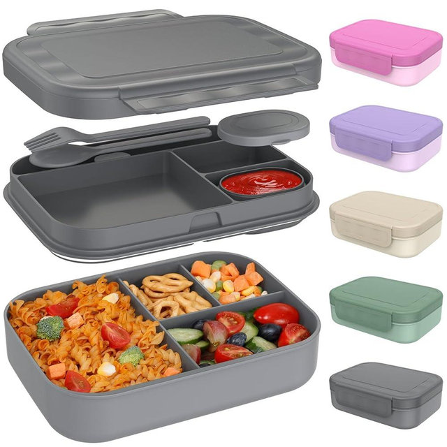 Caperci Stackable Bento Lunch Box for Adult & Teens - Reinforced Leak-Proof Lunch Container 4-Compartment with Utensils & Sauce Container, BPA-Free, Dishwasher/Microwave Safe, 47oz (Dark Gray)
