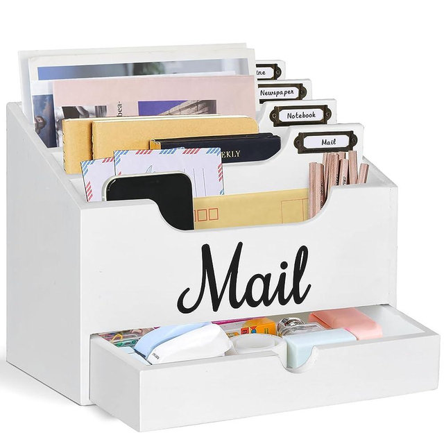 Desktop Mail Organizer with 4 Large Compartments and Drawer, Wood Mail Holder Sorter Organizer Holder,Countertop Desk Office Accessories Organizer for File Letter Paper Folder, Desk Drawer Organizer