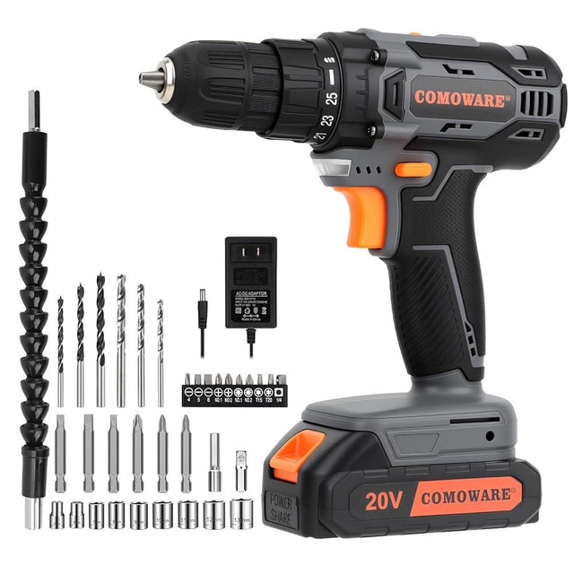 COMOWARE Cordless Drill Set, 20V Electric Power Drill Set,1 Battery & Charger, 3/8" Keyless Chuck, 2 Variable Speed, 266 In-lb Torque, 25+1 Position, Orange