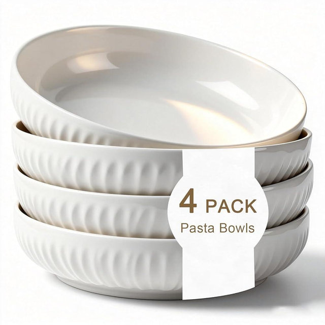 Aoveew 8 Inch Ceramic Pasta Bowls set of 4, 34 Oz White Serving Bowls - Microwave, Dishwasher & Oven Safe, Shallow Soup Bowls for Salad, Pasta, Cereal