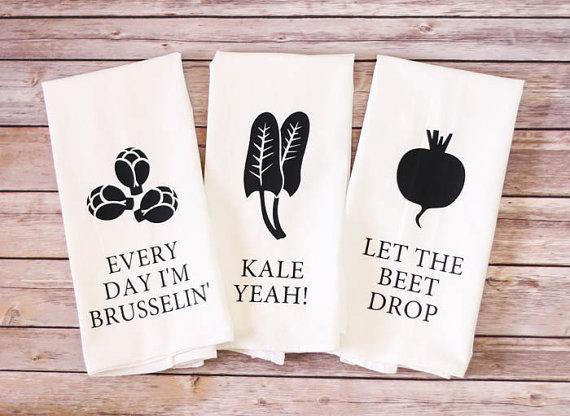 Funny Song Lyric Tea Towels - Every Day I'm Brusselin', Kale Yeah, Let The Beet Drop - Father's Day - Vegetarian Gift
