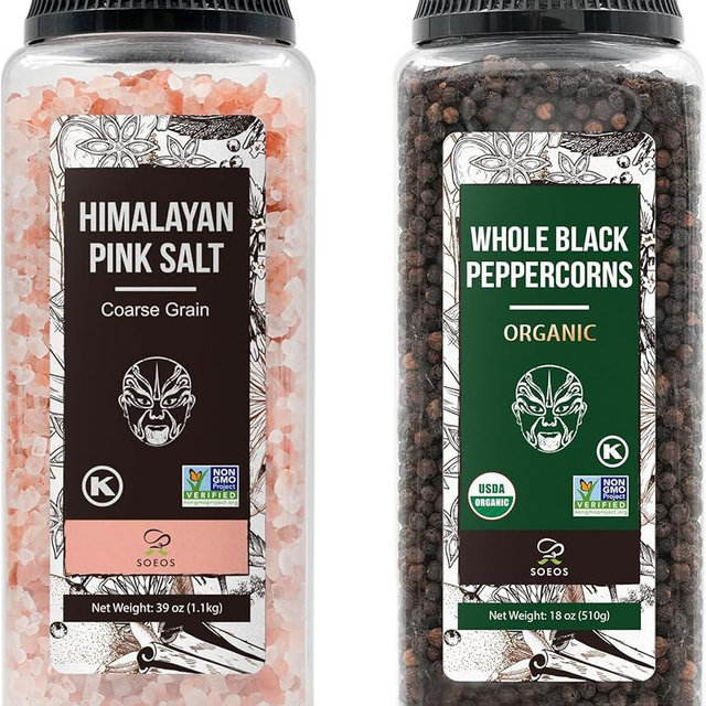 Soeos Himalayan Pink Salt Coarse 39 oz + Organic Black Peppercorns 18 oz, Salt for Grinder Refill, Salt and Peppercorns, Pepper Grinder Refill, Non-GMO Spice Seasoning Set For Cooking