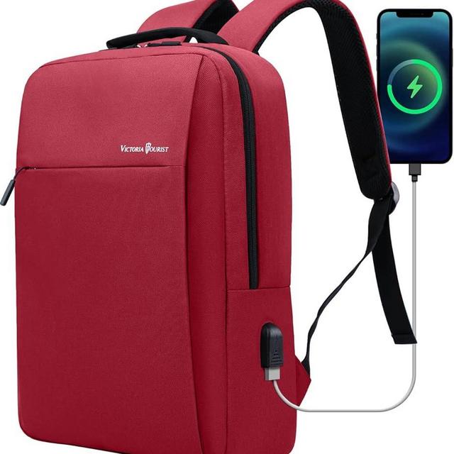 Victoriatourist Laptop Backpack for Women, Backpack College Bookbag with USB Charging Port, Water Resistant Daypack Cute Book Bag for Ladies Fit 15.6 Inch Computer（Red）
