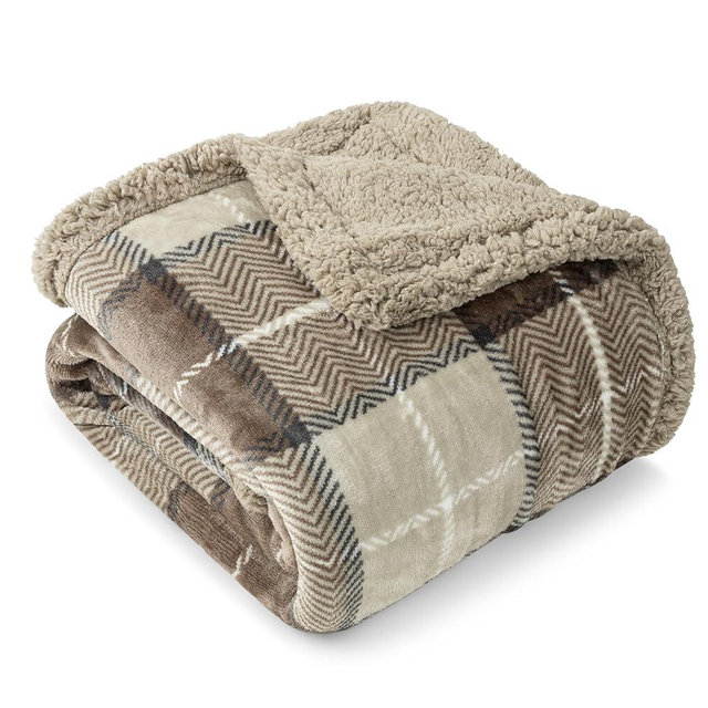 PAVILIA Taupe Plaid Sherpa Throw Blanket for Couch Twins, Soft Fuzzy Cabin Blanket and Throws, Warm Cozy Winter Gift Blanket, 60x80