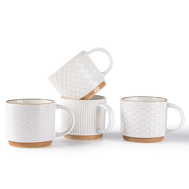 GBHOME 6OZ Stackable Coffee Mugs, Ceramic Coffee Mugs with Texture Patterns for Man,Woman,Dad,Mom, Modern Coffee Cups Set of 4 for Espresso/Cappuccino. Dishwasher&Microwave Safe