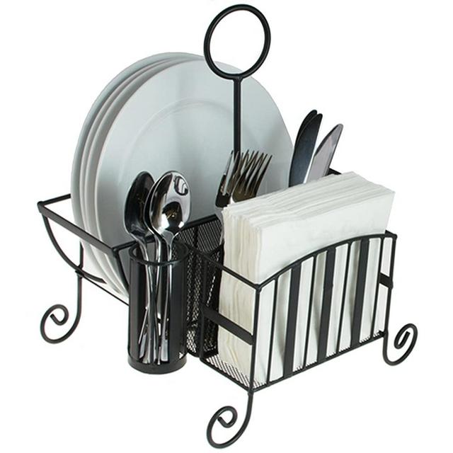 Black Metal Mesh Kitchen/Picnic Buffet Caddy Holder for Utensil, Plates, Napkins with Handle