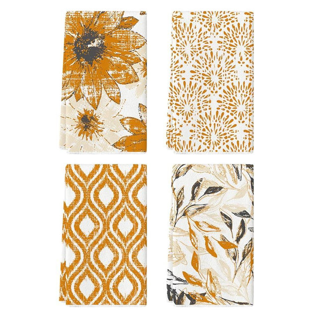 Artoid Mode Orange Floral Leaves Boho Kitchen Towels Dish Towels, 18x26 Inch Farmhouse Fall Decoration Hand Towels Set of 4