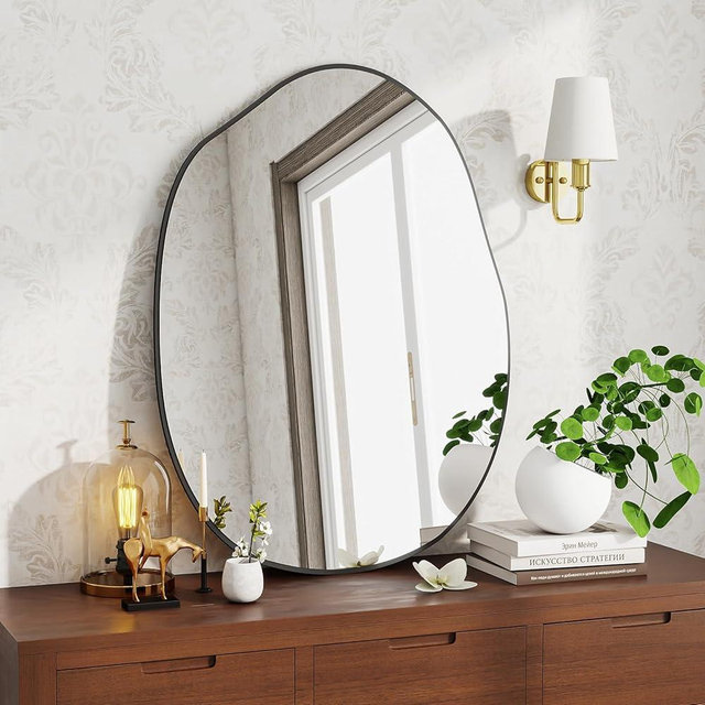 BEAUTYPEAK Asymmetrical Mirror, 24 x 32 Inches Irregular Wall Mirror, Wood Frame Unique Shape Wall Mounted Vanity Mirror, Decorative for Living Room Bedroom Entryway Hallway