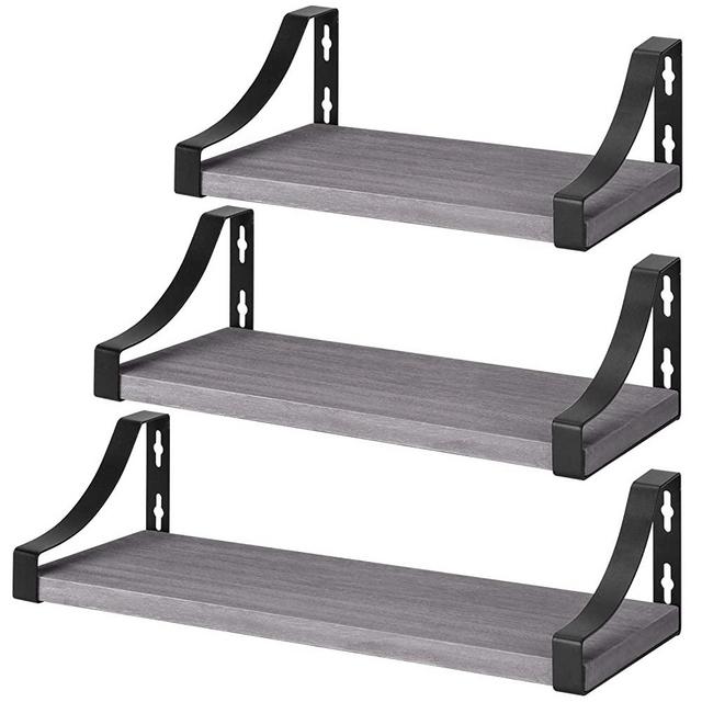Amada Floating Shelves Wall Mounted, Rustic Paulownia Wood Wall Shelves Set of 3 for Bedroom, Bathroom, Living Room, Farmhouse Kitchen, Gray