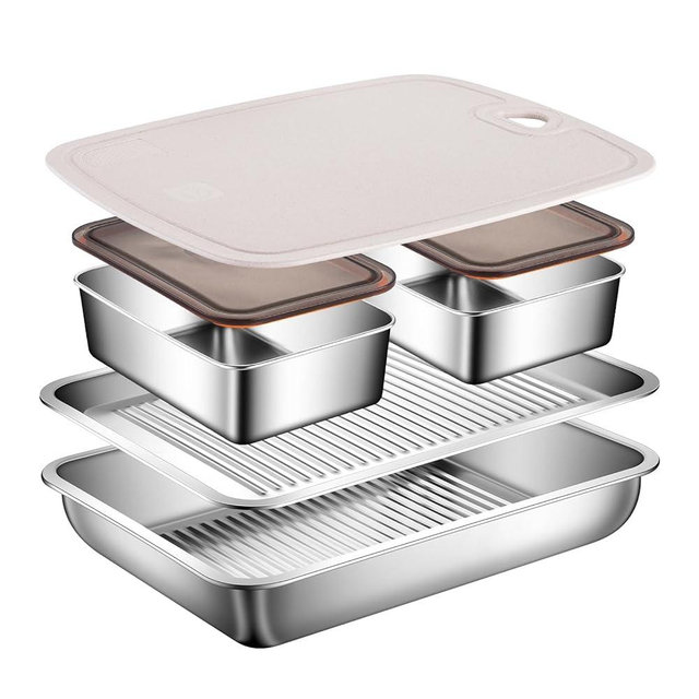 5-in-1 Grill Carry System, Drip EZ BBQ and Meal Prep Tub, Meat Platter for Serving, Grill Prep Tray with Cutting Board for Outdoor Grill, Marinating Container with Lid, Stainless Steel