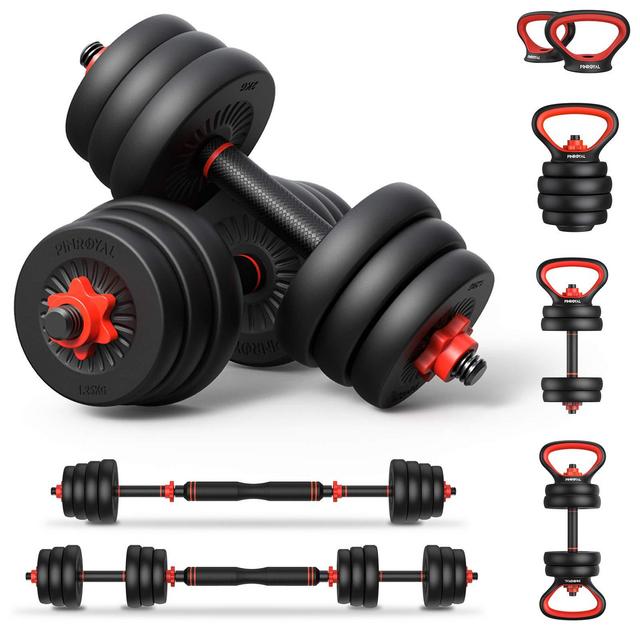 PINROYAL 4 in 1 Adjustable Dumbbell Set, 44LB/66LB/88LB Free Weights Dumbbells Set with Connecting Rod Used as Barbell, Non-slip Handles Base for Kettlebells, Push up, Fitness Home Gym for Men Women