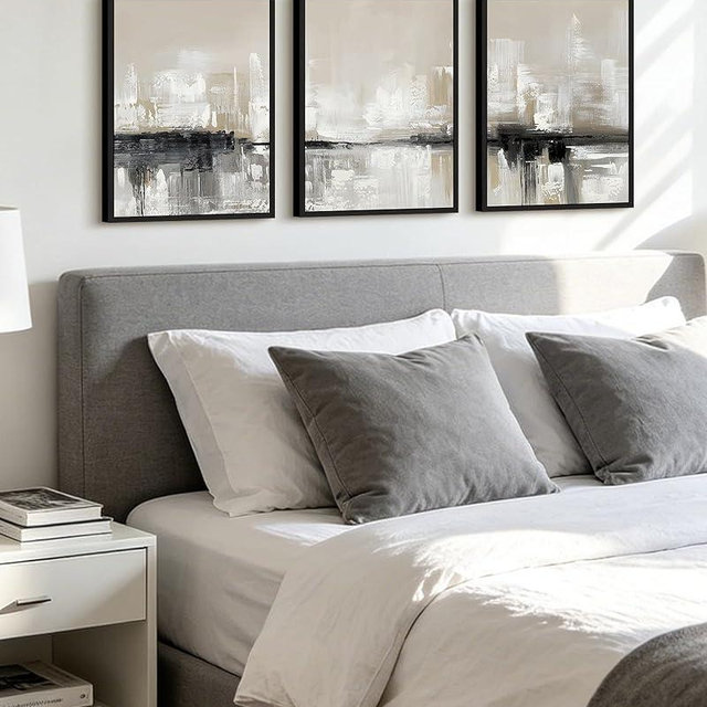 KUVIOKE Abstract Gray Framed Wall Art Neutral Brown Artwork Painting Morden Minimalist Wall Decor Rustic Room Decor for Bedroom Farmhouse 12x16in (Black Framed)