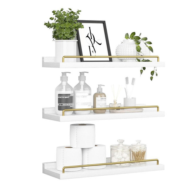 RYOFOBETTO Floating Shelves for Wall Decor, White and Gold Shelves for Bathroom, Living Room, Bedroom, Picture Frames, Plants, Kitchen (Set of 3)