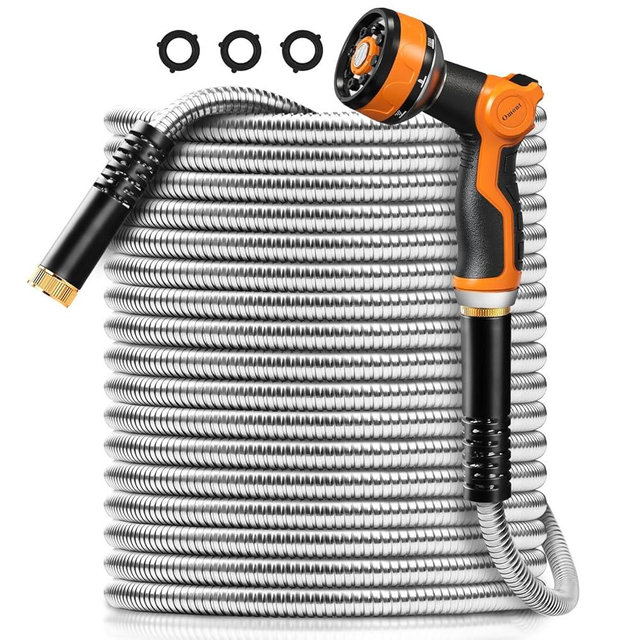 Omont Metal Garden Hose 100FT, Stainless Steel Water Hose with Nozzle, Flexible, Lightweight, Puncture Proof, Never Kink & Tangle, Heavy Duty Garden Hose for Yard and Outdoor