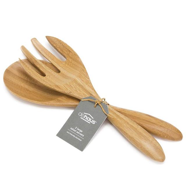 Dehaus® Large High Quality Bamboo Salad Tongs - Eco Friendly Wooden Serving Spoons - Salad Serving Utensils - Salad Tosser Forks - Giant Wood Salad Servers - 12 inch Salad Hands