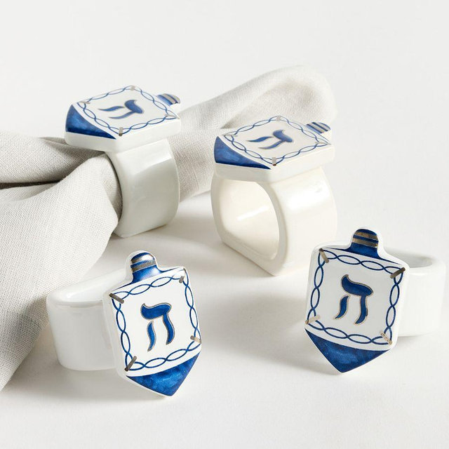 Dreidel Stoneware Napkin Rings, Set of 4 - Blue/White
