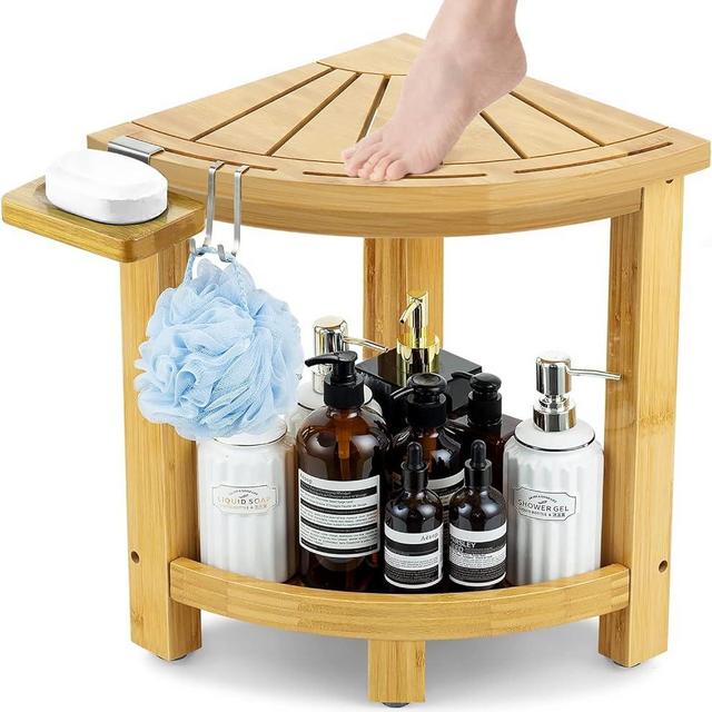 ETECHMART Bamboo Corner Shower Stool for Shaving Legs Foot Rest, Waterproof Bath Bench Seat with Storage Shelf and Soap Dish for Bathroom Inside Shower, Use as Small Corner Table Step Stools, Bamboo