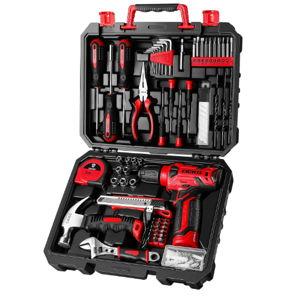 DEKOPRO Drill Set: Tool Set with 8V Red Cordless Drill, Home Tool Kit with Drill, Hand Tool Kits for Women 126 Piece