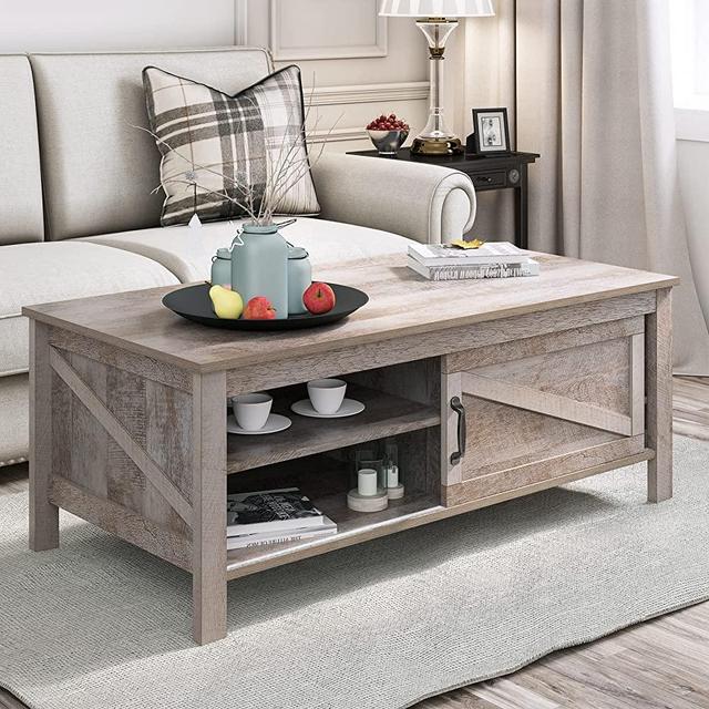 YITAHOME Farmhouse Coffee Table with Storage, Modern Coffee Tables for Living Room with Sliding Barn Door, Center Table Cocktail Large Wood Coffee Table for Home, Sofa Console Table 47in, Gray Wash