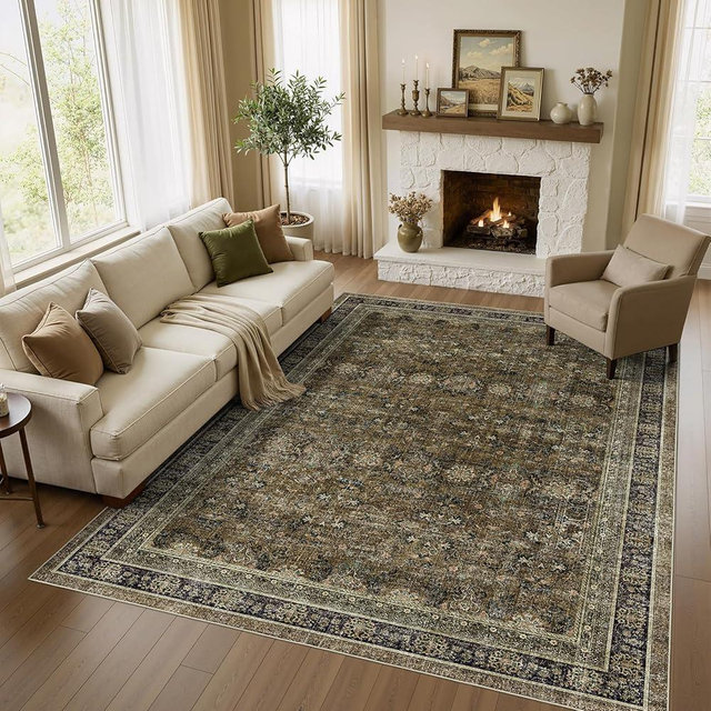 WITSHOCK 8x10 Large Rugs for Living Room - Boho Modern Vintage Moody Retro Antique Neutral - Low Pile Washable Non-Slip - Rug for Bedroom Dining Room Nursery Kids Playroom Indoor Decor, Olive&Brown