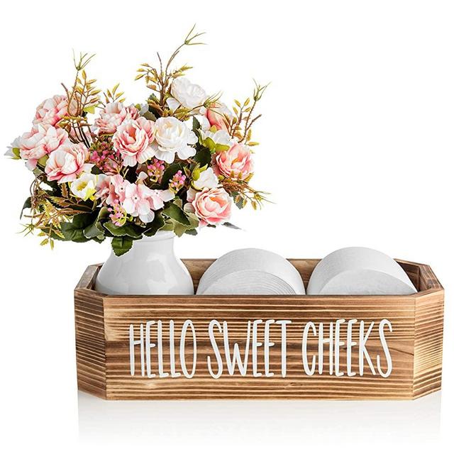 Hello Sweet Cheeks Bathroom Box - Cute Bathroom Decor for Back of Toilet Storage - Toilet Decor Shaped to Fit Toilet Tank - Bathroom Decor Box Toilet Organizer - Torched Cedar - Warm Your Home