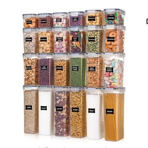 Airtight Food Storage Containers with Lids, Vtopmart 24 pcs Plastic Kitchen and Pantry Organization Canisters for Cereal, Dry Food, Flour and Sugar, BPA Free, Includes 24 Labels，Black