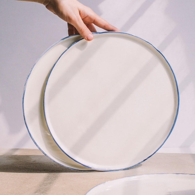 Handmade Porcelain Dinner Plate: Blue Rim Ceramic Plate
