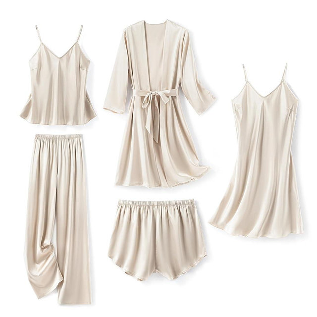 SAPJON Silk Pajamas for Women 5Pcs Sleepwear Loungewear Satin Robe Cami Shorts Pj Set