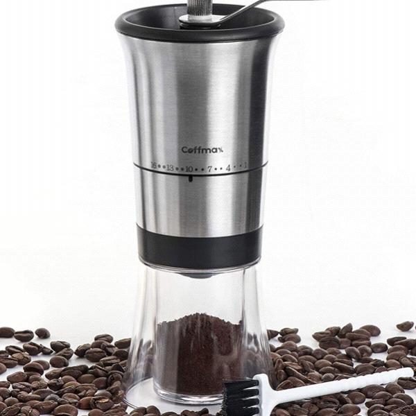 Manual Coffee Grinder – Ceramic Conical Burr Mill with 16 Grind Settings – Quiet Beans Grinder with Stainless Steel Hand Crank for Espresso, Turkish, Aeropress, Chemex plus Cleaning Brush & eBook by Coffmax