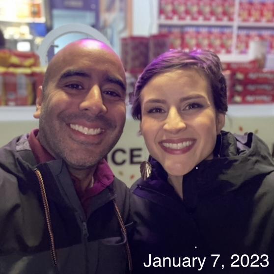 On the same bench outside of Mitchell's Ice Cream, nearly 9 years later!