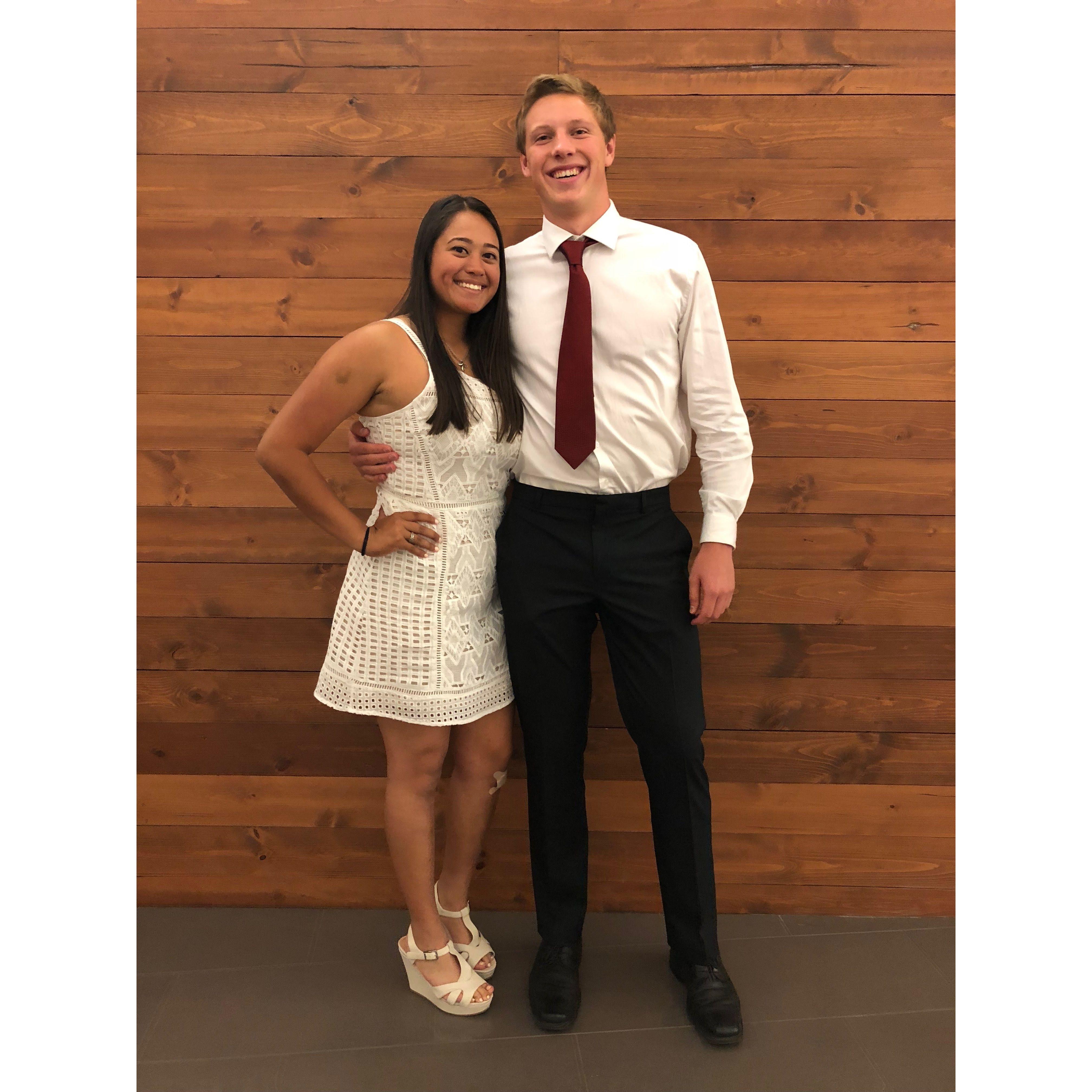 Our first formal picture as a couple. Freshman year in college at out Athletic Banquet in 2018 in Victoria, TX.