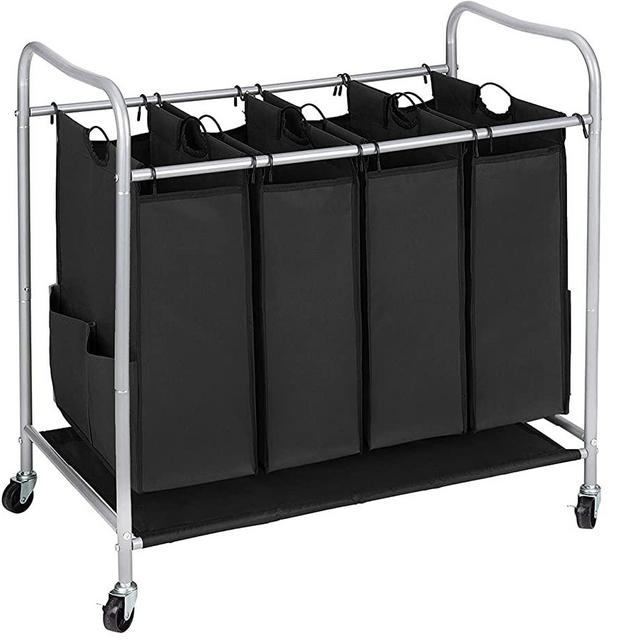 Jinamart 4 Heavy-Duty Laundry Hamper Sorter Bags with Two Pockets Each Side| Laundry Basket Cart with Wheels| Laundry Organization and Storage Bin for Bedroom, Bathroom, and Hotel (4 Bags, Black)