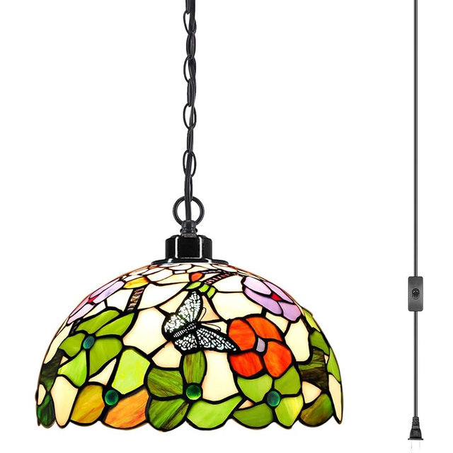 ZJART Tiffany Pendant Light Plug in Stained Glass Swag Lamp 12X12X181 Inch Hanging Lamp (Flowers Butterfly for Dining Room Living Room