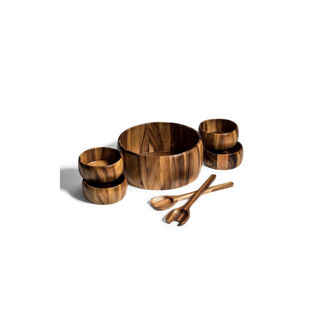 Kalmar Home Solid Acacia Wood 7 Piece - X-Large Salad Bowl with Servers and 4 Individuals