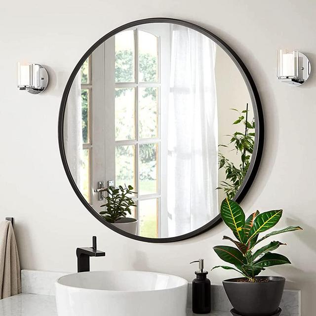 24 Inch Black Round Mirror, Wall Mounted Circle Mirror with Metal Frame, Suitable for Bathroom, Vanity, Entryway, Living Room, Wall Decor