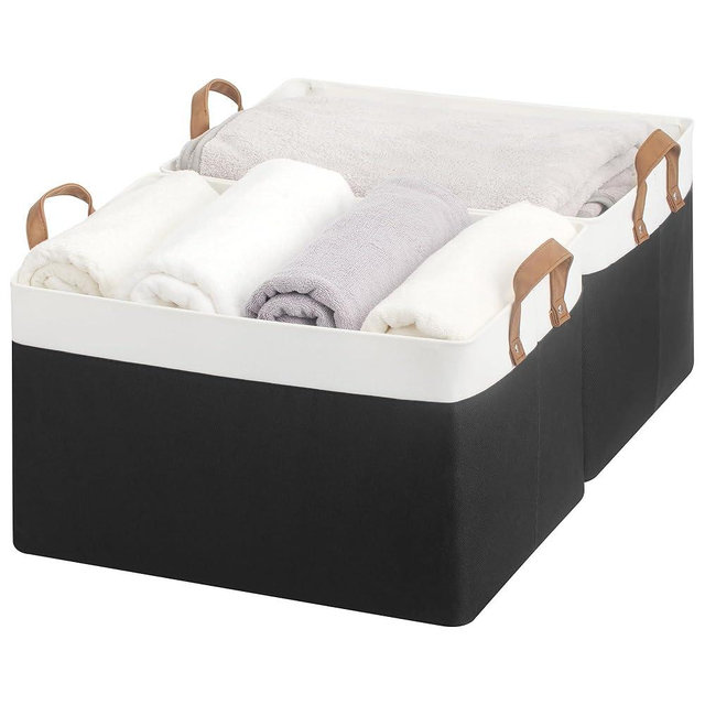 StorageWorks Storage Bins, Fabric Storage Bins for Shelves, Extra Large Storage Baskets with Metal Frame, Closet Baskets and Bins with Handles, Jumbo, Black and White, 2-Pack