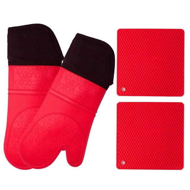 HOMWE - Silicone Oven Mitts and Potholders (4-Piece Set) Heavy Duty Cooking Gloves, Kitchen Counter Safe Trivet Mats | Advanced Heat Resistance, Non-Slip Textured Grip (Pot Holder&Oven Mitts, Red)