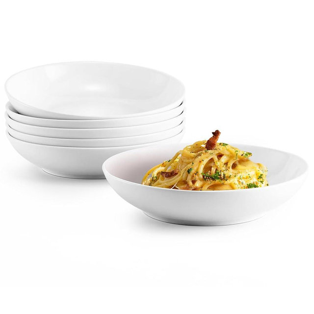 Jassceram 8.45inch Pasta Bowls Set, 36 OZ Salad Bowls, Ceramic Serving Bowls for Soup, Noodle, Deep Enough for Kitchen and Dining, Microwave, Oven and Dishwasher Safe, Set of 6,White
