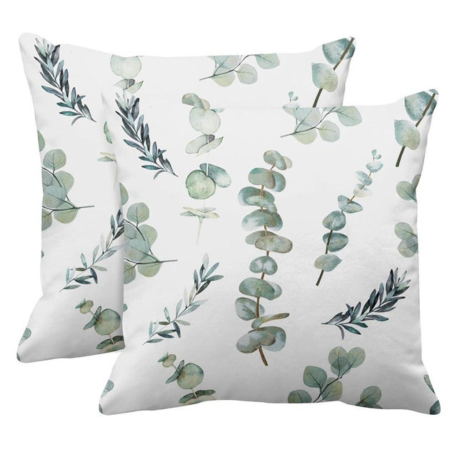Emvency Set of 2 Throw Pillow Covers Decorative Sage Green Leaf Watercolor Eucalyptus Branches Hand Floral with Plant Objects White Natural Greenery Twig 24x24 Inch Cushion Pillowcase Sofa Square