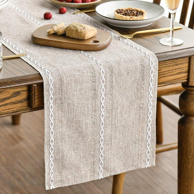 Artoid Mode Brown Rustic Cotton Linen Table Runner, Seasonal Embroidered Hollow Kitchen Dining Table Decoration for Home Party Decor 13x36 Inch