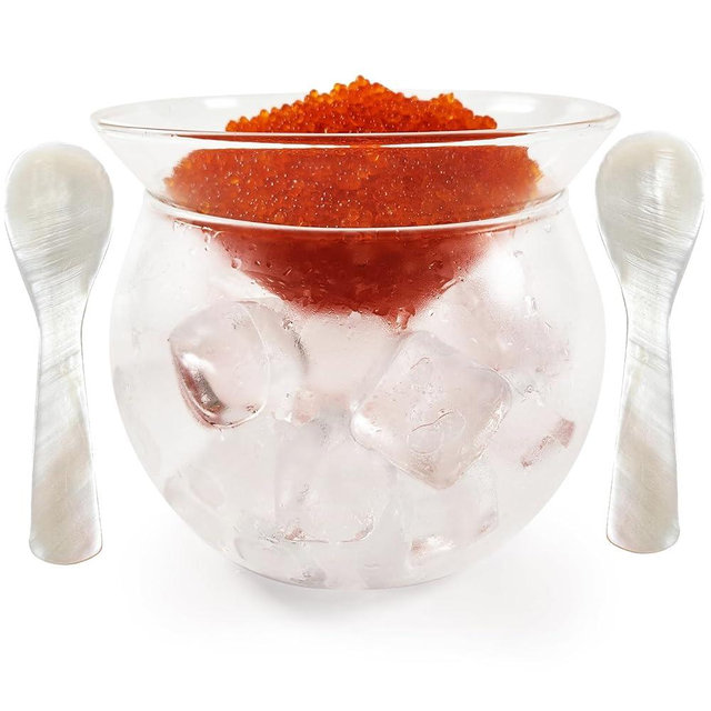 FANQIEW Glass Caviar Serving Set with 2 Pcs Mother of Pearl Spoons Caviar Dish Chiller Server Set with Ice Holder and 3.5 Inch Caviar Spoon for Shrimp Ice Cream Sauce Dishwasher Safe