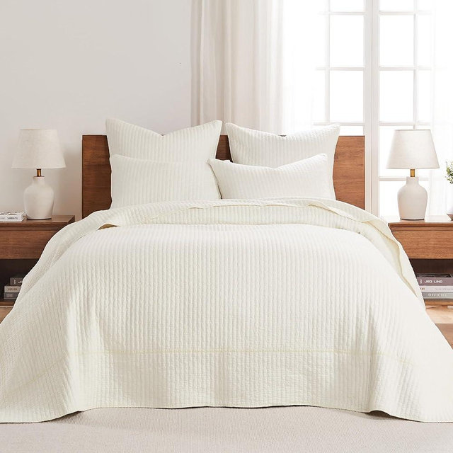 Levtex Home - Cross Stitch Cream Bedspread Set - Full Bedspread and Two Standard Shams - Cross Stitch Pattern - Bedspread (100x104in.) and Sham (20x26in.) - Cotton