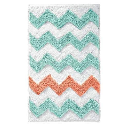 iDesign Chevron Bath Rug, Machine Washable Microfiber Accent Rug for Bathroom, Kitchen, Bedroom, Office, Kid's Room, 34" x 21", Teal Blue and Coral Pink