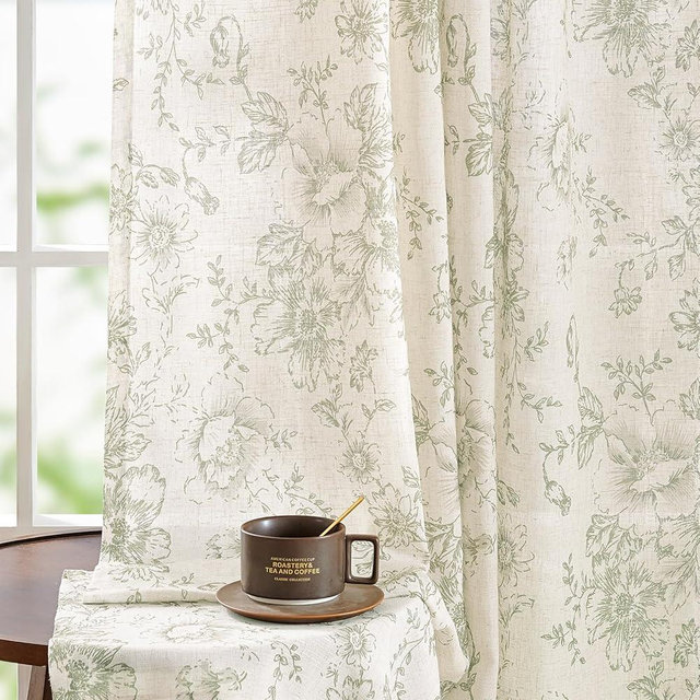 jinchan Linen Blend Curtain Floral Curtains for Living Room 84 Inch Length Sage Green Printed Curtain Rod Pocket Back Tab Farmhouse Peony Flower Patterned Drapes Bedroom Window Curtains Set 2 Panels